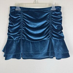 Wild Fable Ruched Velvet Mini Skirt Ruffle Hem Party Stretch Dark Teal Blue M